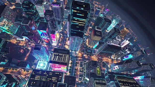 Futuristic megacity unveiled at night, aerial view