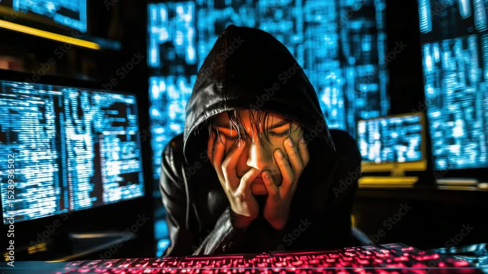 Poster a hacker in a black hoodie sits at a pc, showing fear and anger, surrounded by digital code and moni