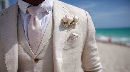 Beach wedding groom attire linen suit with boutonniere and tie stylish formal wear for men fashion