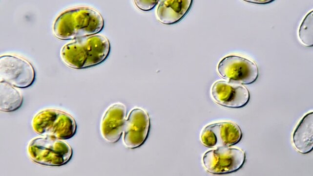 Brown motion in Cosmarium algae cells under microscope 