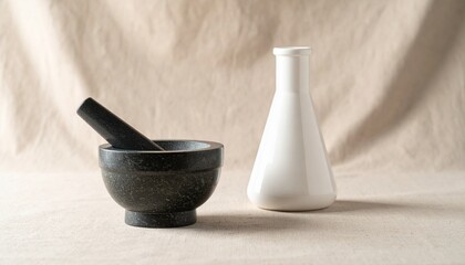 Black Granite Mortar and Pestle with White Erlenmeyer Flask on Beige Fabric.