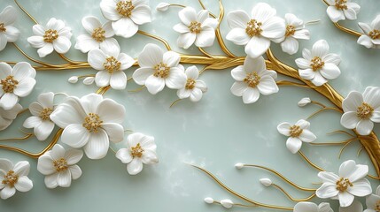 Elegant white flowers on gold branches against a soft mint green background