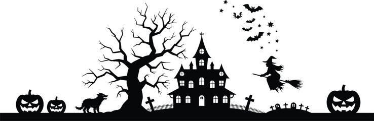 Spooky Halloween Haunted House Silhouette Scene: Featuring Bare Tree, Jack-o'-Lanterns, Witch, Bats, and Graveyard for Holiday Designs