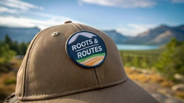 Stimulate regional travel concept. A beige cap with a "Roots & Routes" badge rests outdoors, mountains and a lake softly blurred in the background.