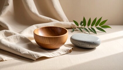 Natural Wellness Spa Still Life: Wooden Bowl and Smooth Stone.