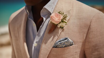 Closeup of groom in linen suit with boutonniere and pocket square for beach wedding attire style guide
