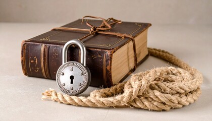 Antique Book Secured with Padlock and Rope Conceptual Image.