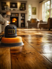 Wood floor polisher or parquet floor in a warm atmosphere inside the building
