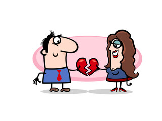 Cartoon couple breaking up sharing broken heart