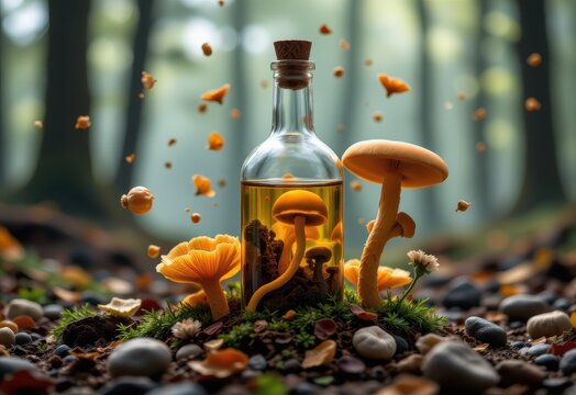 fermented mushroom elixir in apothecary bottle, foggy forest alchemist backdrop, showing beneficial yeasts and mycelial strains floating around