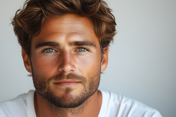 Obraz premium Portrait of a man with curly hair and beard wearing a white shirt against a plain background.