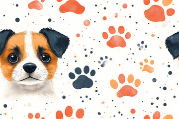 Adorable dog illustration with playful paw prints on a white background, seamless pattern