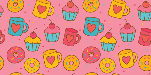 Illustration of colorful cups, coffee and pastries. Seamless pattern. Suitable for fashion design, decoration, fabric, wallpaper and printing on a pink background.
