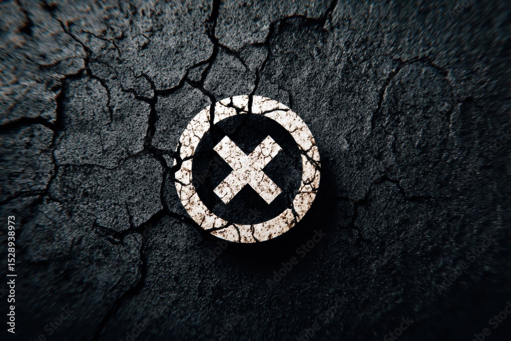 Aufkleber Cracked Error Icon Hovering Above Dark Abstract Texture With Clean Top Zone