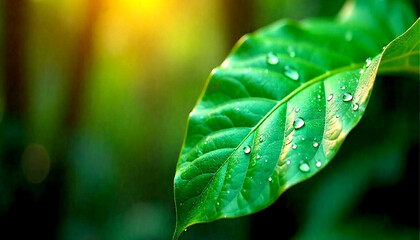Close up of nature view green leaf on blurred greenery background under sunlight with bokeh and copy space using as background natural plants landscape, ecology wallpaper or cover concept.