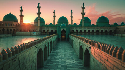 Majestic mosque architecture illuminated by a beautiful sunset with reflection in water