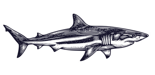 Shark Black and White Vector Illustration, Sketch Drawing Linear Line Art Engraving, Isolated