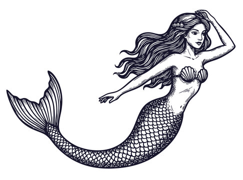 Vector hand-drawn illustration of a A mermaid. A black and white sketch for a tattoo or a print on a T-shirt.