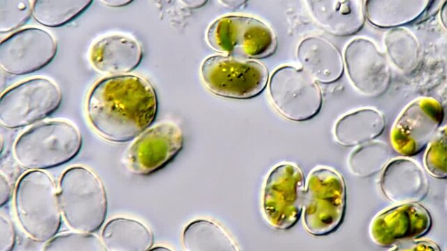 Green algae cells under microscopy view 