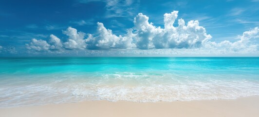 Obraz premium The serene beach landscape with turquoise waters and fluffy clouds above.