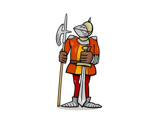 Cartoon medieval knight with halberd and sword