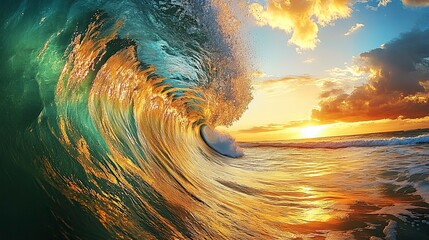 Epic sunset over a vibrant ocean wave