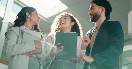 Below, high five and tablet with business people in office for teamwork, account profit and success. Collaboration, meeting and investor bonus with low angle of employees for partnership and report - Powered by Adobe