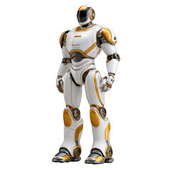 Futuristic humanoid robot with sleek design and metallic finish standing in an isolated white background