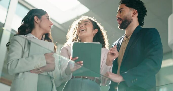 Below, high five and tablet with business people in office for teamwork, account profit and success. Collaboration, meeting and investor bonus with low angle of employees for partnership and report - Powered by Adobe