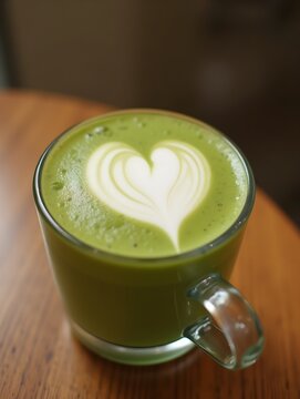 Green Matcha Beverage with Heart Shaped Latte Art on Wooden Table