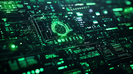 Fototapeta premium Futuristic digital interface with glowing green elements, displaying complex data and technological graphics. Suitable for technology concepts