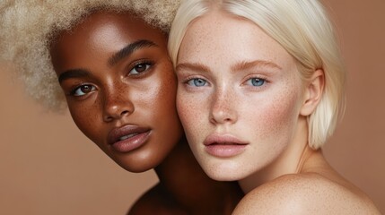 A striking portrait of two beautiful women, showcasing diversity and the uniqueness of features, highlighting skin tones, freckles, and expressions that speak of confidence and beauty.
