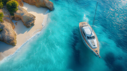Illustration of luxury cruise ship and speedboat sailing through the vast ocean waters under summer sky ,Yacht sailing in the clear blue sea