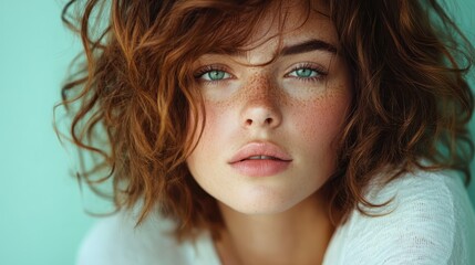 Naklejka premium A striking close-up portrait of a woman with curly hair and freckles, highlighting natural beauty and inviting a connection through expressive eyes and soft features.