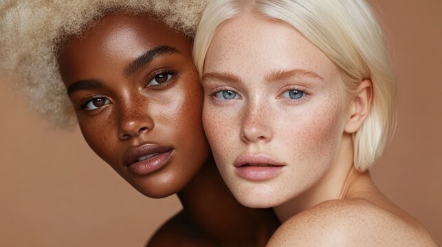 A striking portrait of two beautiful women, showcasing diversity and the uniqueness of features, highlighting skin tones, freckles, and expressions that speak of confidence and beauty.