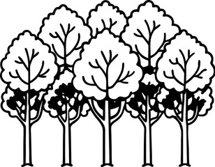 A black vector set of tree silhouettes includes pine, oak, and palm illustrations, showcasing a collection of nature's leafy elements