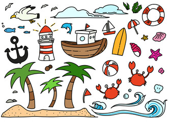 Summer and the Sea Color doodle, sketch Summer Sea, hand drawn Color doodle