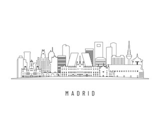Obraz premium Detailed Madrid skyline vector illustration. Madrid buildings in line art style, perfect for modern designs.