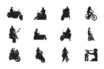Group of Motorcycle and motorcyclist black silhouettes, each depicting a person riding a motorcycle or scooter. Each silhouette showcases different postures, angles, and types of two-wheelers.