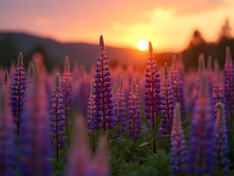 Blooming lupine flowers at sunrise creating a colorful meadow landscape