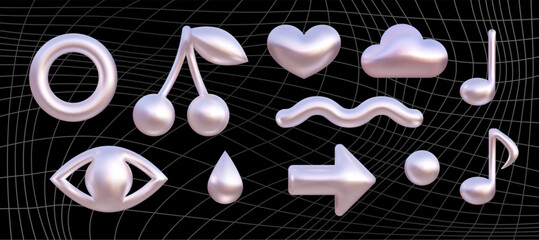 Y2k chrome shapes vector 3d set. Heart, flower, butterfly and music note design elements isolated. Shining metal effect, liquid abstract sticker collection. Trendy futuristic illustration