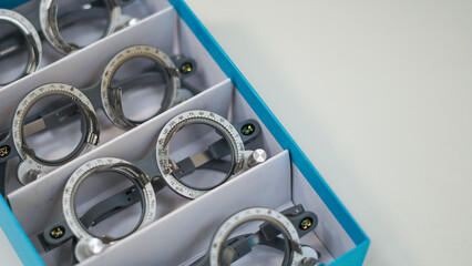 Set of trial frames in different sizes for small children of any age. Essential tool for vision...