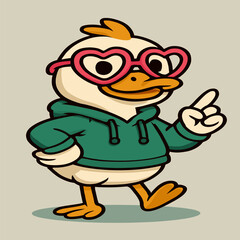 A cute cartoon duck wearing oversized heart-shaped pink glasses and a funky green hoodie, striking a confident pose against a plain background.