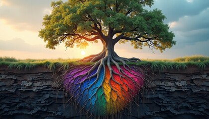 Tree with colorful roots extending into the ground at sunset  