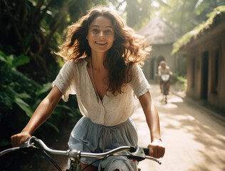 Obraz premium A vibrant young woman rides a bicycle joyfully through a lush tropical pathway, exuding energy and positivity in a beautiful outdoor setting.