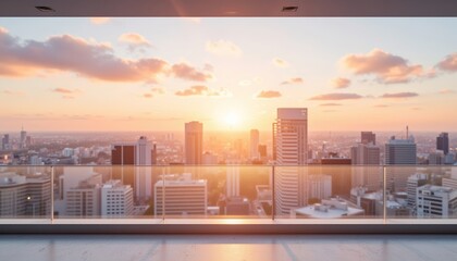 Fototapeta premium City skyline at sunset viewed from modern balcony with glass railing 