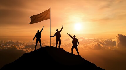 Three men standing on a mountain peak with a flag at sunset