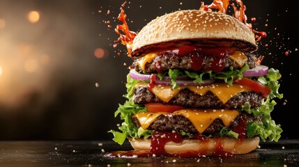 An indulgent, towering burger loaded with fresh lettuce, ripe tomatoes, melted cheese, and tangy sauce that looks delicious and visually appealing in every way imaginable.