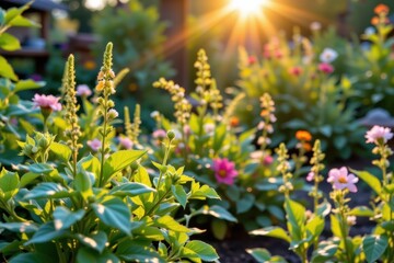 Fototapeta premium fresh thai herbal garden with antiviral plants glowing gently in early morning light, peaceful natural healing environment
