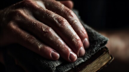 Fototapeta premium A craftsman s calloused sweaty hand lovingly restores an ancient book preserving history through delicate touch in low